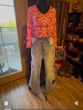Oh Brand Light Blue Flare Jeans with Pink Floral Embroidery